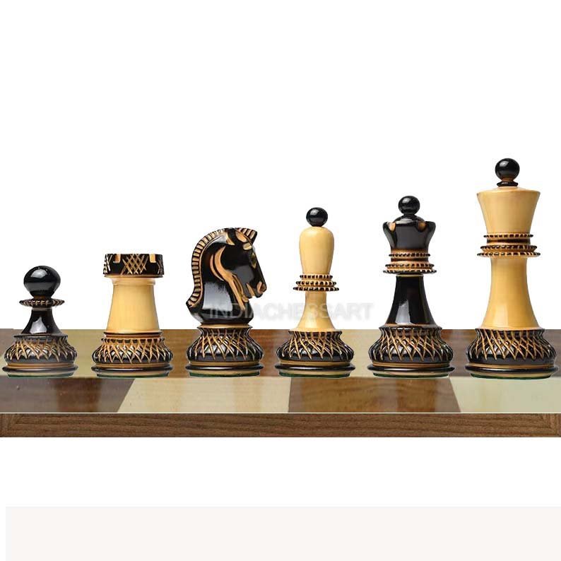 4 INDIACHESSART The 1950 Reproduced 3.7" King Dubrovnik Bobby Fischer Chessmen in Lacquer Finished Burnt & Natural Box Wood - Image 1
