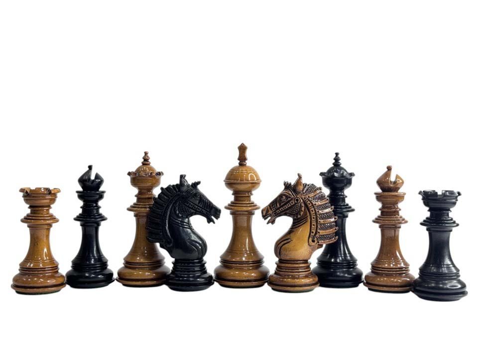 Untitled-27 copy The Sikh Empire Series Handmade Luxury Chess Pieces Only Set - Triple Weighted Lacquered Distress Antiqued Boxwood & Ebony wood - 4.5" King - Image 1